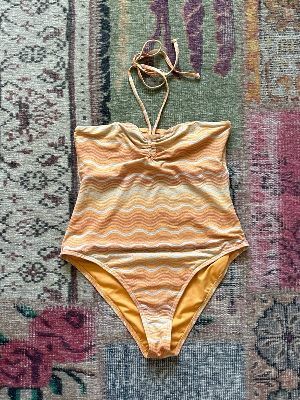 Billabong Halter One-Piece Swimsuit in Sparkly Orange White Wavy Stripe